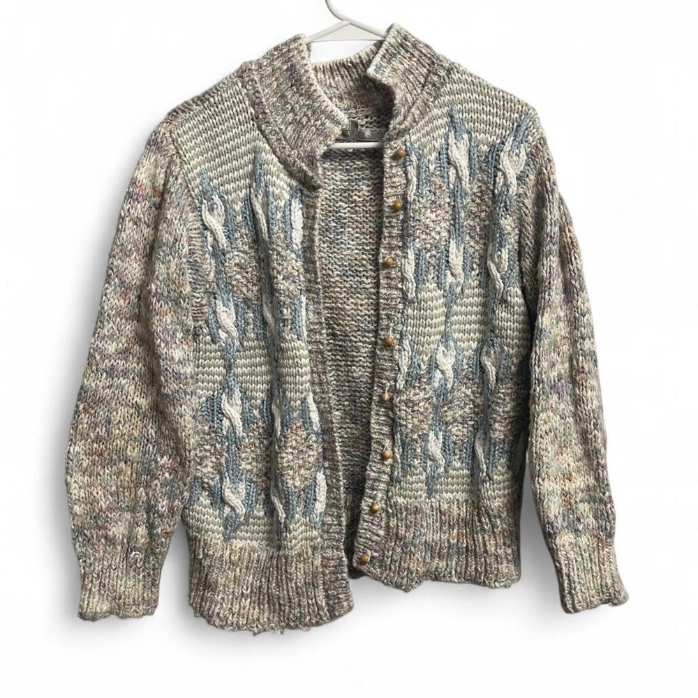 Cream and blue vintage handmade knitted cardigan